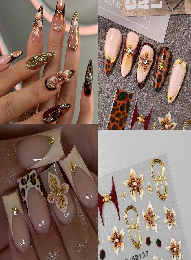 OSTTMA 2 Sheets Fall Flower Nail Art Stickers 5D Embossed Nail Decals Brown Flowers Leopard Print Gold Frame Design Sticker Self-Adhesive Nails Supplies for Women Autumn Winter Nails Art Decorations - Image 5